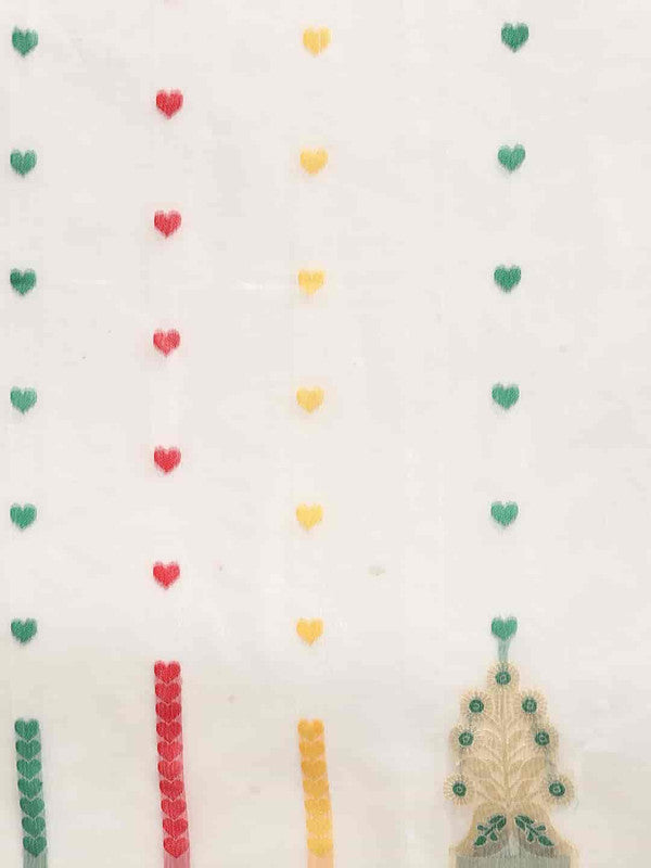 White Pure Cotton Woven Zari Design Paisley Saree with Unstitched Blouse - Hiral Fashion - Distacart