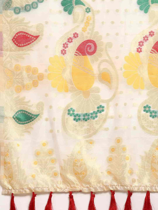 White Pure Cotton Woven Zari Design Paisley Saree with Unstitched Blouse - Hiral Fashion - Distacart