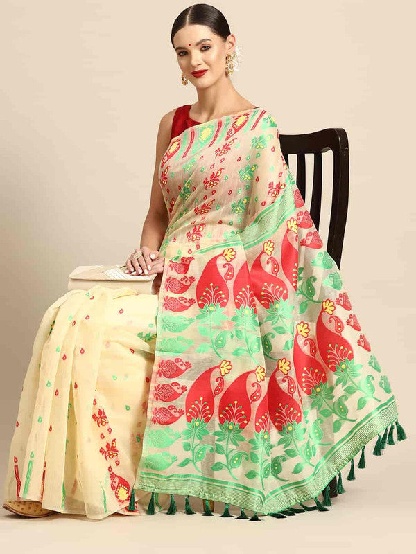 Beige Pure Cotton Woven Zari Design Paisley Saree with Unstitched Blouse - Hiral Fashion - Distacart