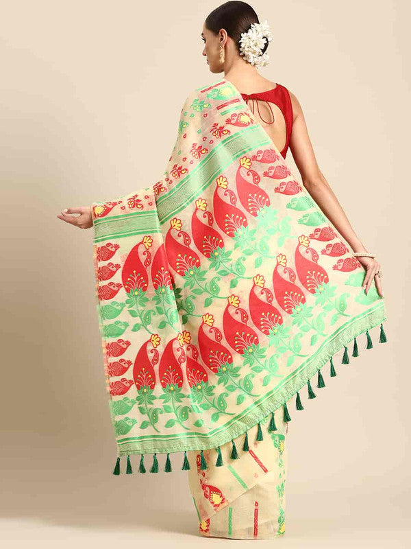 Beige Pure Cotton Woven Zari Design Paisley Saree with Unstitched Blouse - Hiral Fashion - Distacart