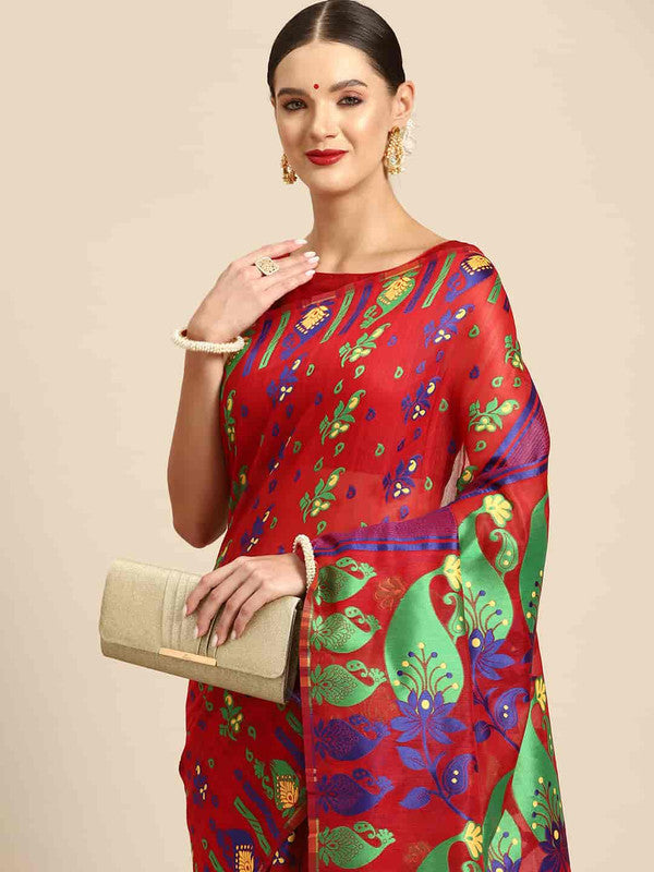 Red Pure Cotton Woven Zari Design Paisley Saree with Unstitched Blouse - Hiral Fashion - Distacart