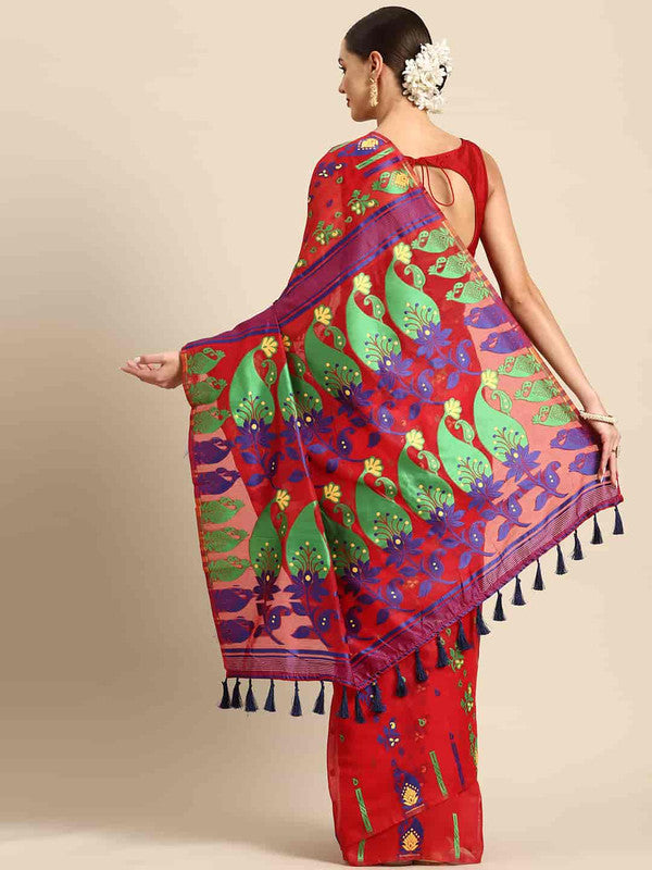 Red Pure Cotton Woven Zari Design Paisley Saree with Unstitched Blouse - Hiral Fashion - Distacart