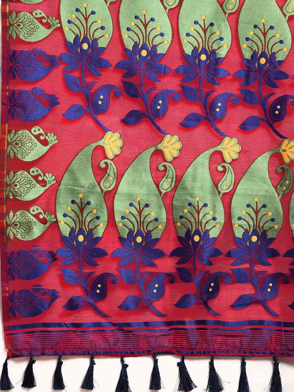 Red Pure Cotton Woven Zari Design Paisley Saree with Unstitched Blouse - Hiral Fashion - Distacart