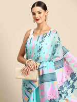 Thumbnail for Turquoise Pure Cotton Woven Zari Design Paisley Saree with Unstitched Blouse - Hiral Fashion - Distacart