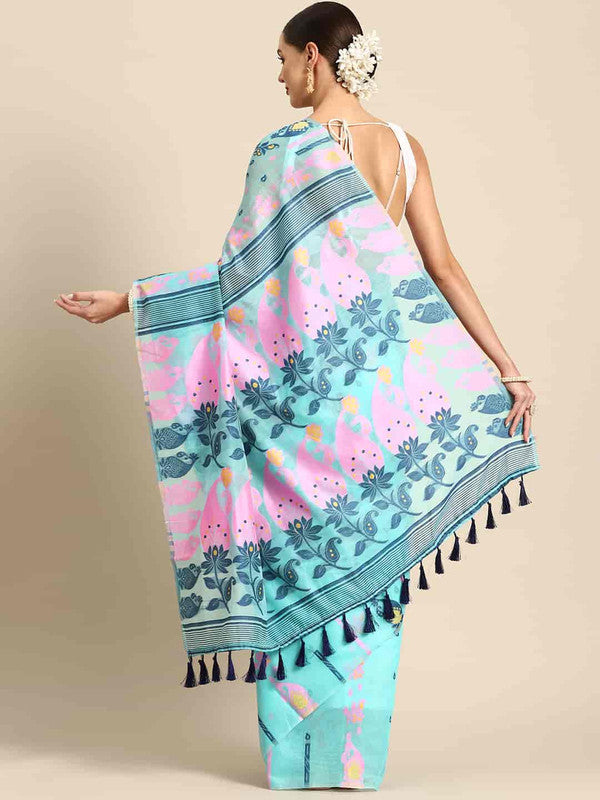 Turquoise Pure Cotton Woven Zari Design Paisley Saree with Unstitched Blouse - Hiral Fashion - Distacart