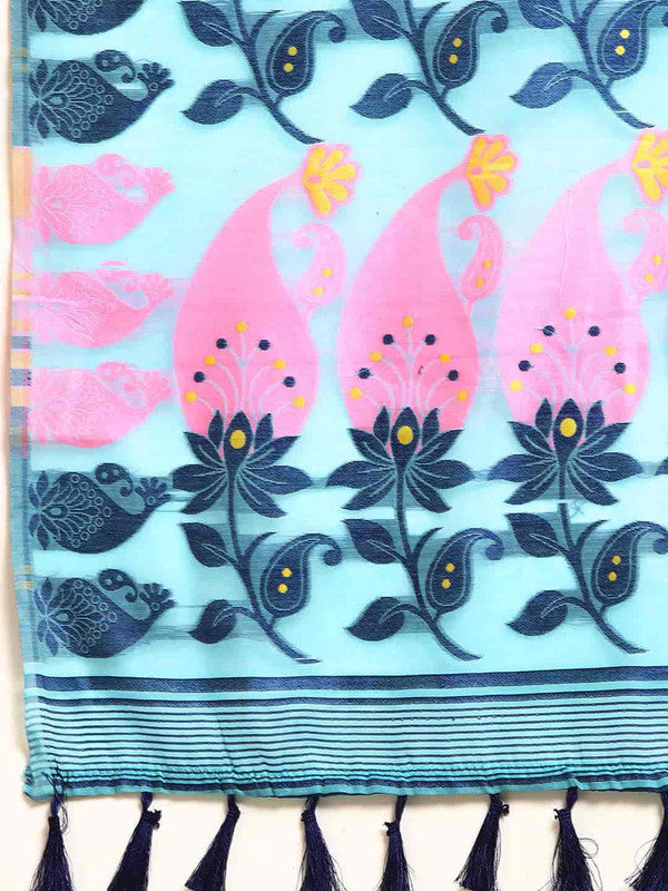 Turquoise Pure Cotton Woven Zari Design Paisley Saree with Unstitched Blouse - Hiral Fashion - Distacart