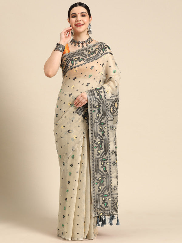 Black Pure Cotton Woven Zari Design Geomatric Saree with Unstitched Blouse - Hiral Fashion - Distacart
