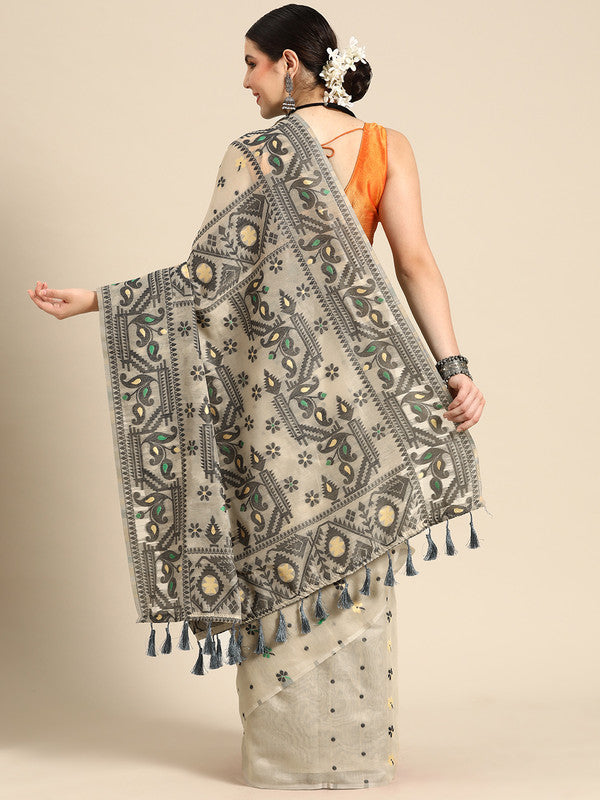 Black Pure Cotton Woven Zari Design Geomatric Saree with Unstitched Blouse - Hiral Fashion - Distacart