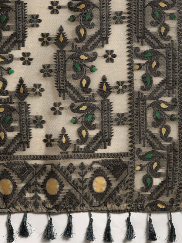 Black Pure Cotton Woven Zari Design Geomatric Saree with Unstitched Blouse - Hiral Fashion - Distacart