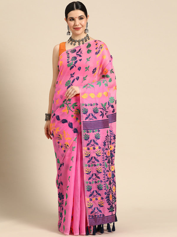 Pink Pure Cotton Woven Zari Design Floral Saree with Unstitched Blouse - Hiral Fashion - Distacart
