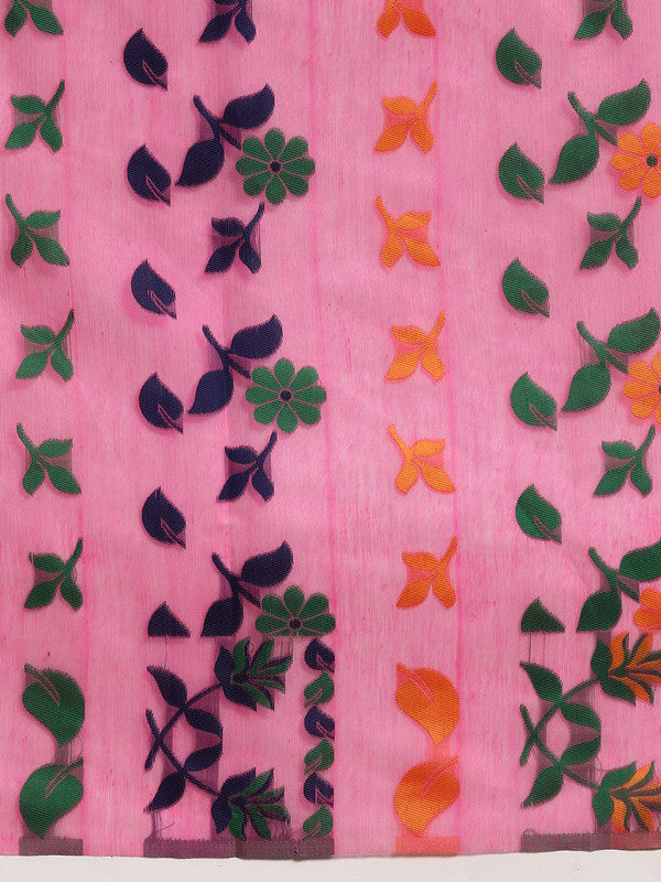 Pink Pure Cotton Woven Zari Design Floral Saree with Unstitched Blouse - Hiral Fashion - Distacart