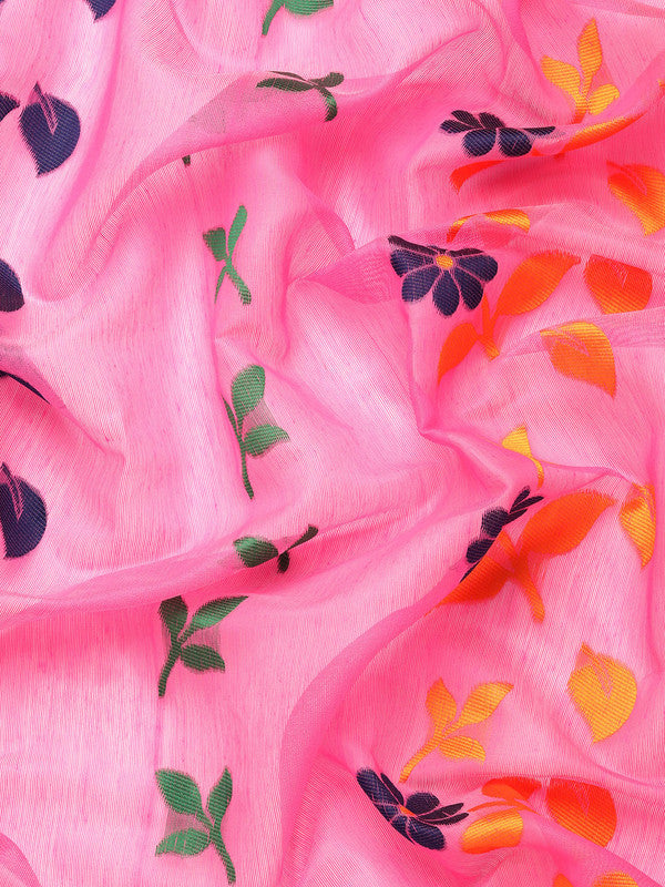 Pink Pure Cotton Woven Zari Design Floral Saree with Unstitched Blouse - Hiral Fashion - Distacart