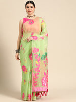 Thumbnail for Green Pure Cotton Woven Zari Design Floral Saree with Unstitched Blouse - Hiral Fashion - Distacart