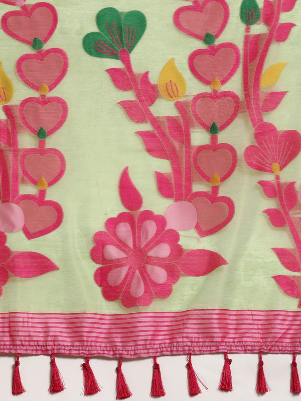 Green Pure Cotton Woven Zari Design Floral Saree with Unstitched Blouse - Hiral Fashion - Distacart