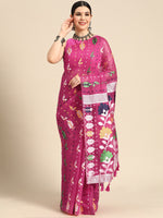 Thumbnail for Magenta Pure Cotton Woven Zari Design Floral Saree with Unstitched Blouse - Hiral Fashion - Distacart