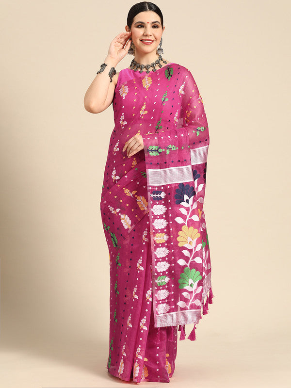 Magenta Pure Cotton Woven Zari Design Floral Saree with Unstitched Blouse - Hiral Fashion - Distacart