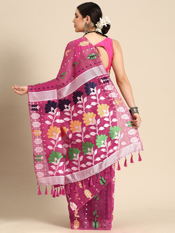 Magenta Pure Cotton Woven Zari Design Floral Saree with Unstitched Blouse - Hiral Fashion - Distacart