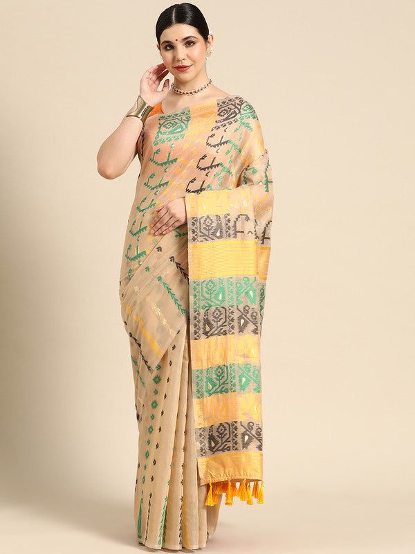 Multicolor Pure Cotton Woven Zari Design Geomatric Saree with Unstitched Blouse - Hiral Fashion - Distacart
