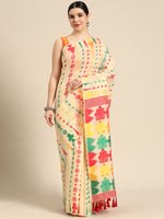 Thumbnail for Beige Pure Cotton Woven Zari Design Floral Saree with Unstitched Blouse - Hiral Fashion - Distacart