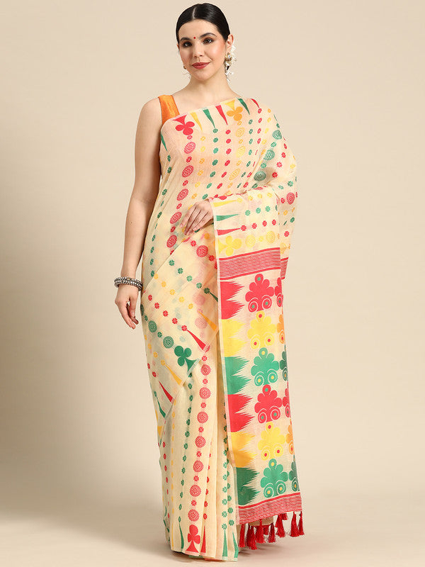 Beige Pure Cotton Woven Zari Design Floral Saree with Unstitched Blouse - Hiral Fashion - Distacart