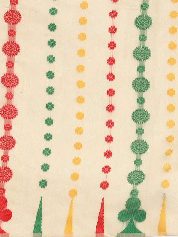 Beige Pure Cotton Woven Zari Design Floral Saree with Unstitched Blouse - Hiral Fashion - Distacart