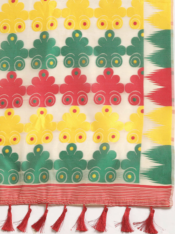 Beige Pure Cotton Woven Zari Design Floral Saree with Unstitched Blouse - Hiral Fashion - Distacart