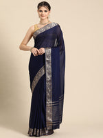 Thumbnail for Navy Blue Pure Viscose Chinon Zari Woven Solid Saree with Unstitched Blouse - Hiral Fashion - Distacart