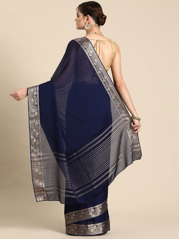 Navy Blue Pure Viscose Chinon Zari Woven Solid Saree with Unstitched Blouse - Hiral Fashion - Distacart