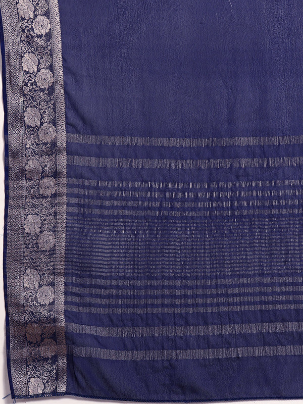 Navy Blue Pure Viscose Chinon Zari Woven Solid Saree with Unstitched Blouse - Hiral Fashion - Distacart