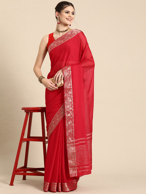 Red Pure Viscose Chinon Zari Woven Solid Saree with Unstitched Blouse - Hiral Fashion - Distacart