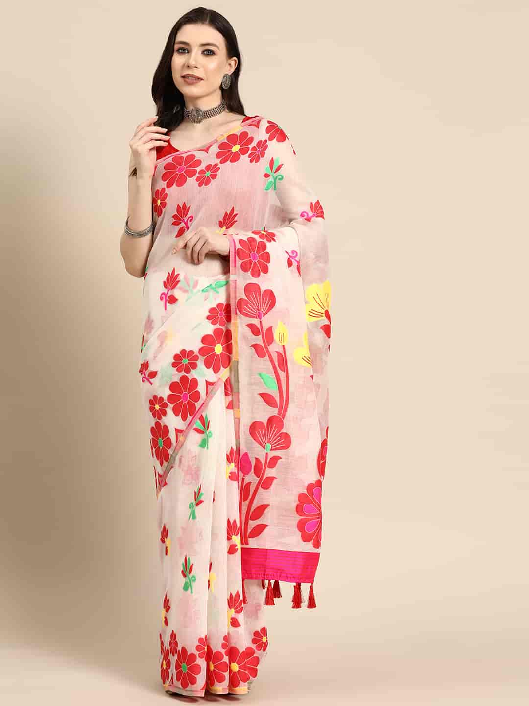 Off White Pure Cotton Woven Zari Design Floral Saree with Unstitched Blouse - Hiral Fashion - Distacart