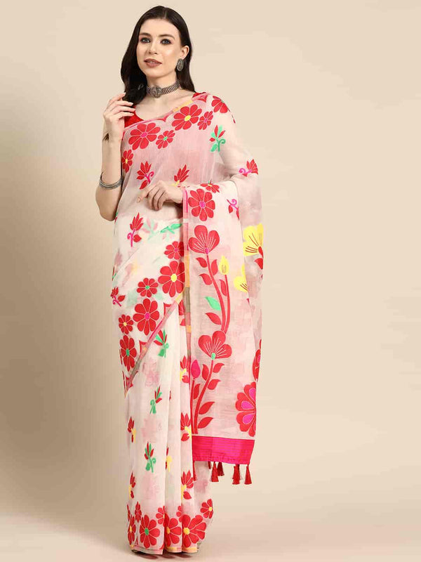 Off White Pure Cotton Woven Zari Design Floral Saree with Unstitched Blouse - Hiral Fashion - Distacart