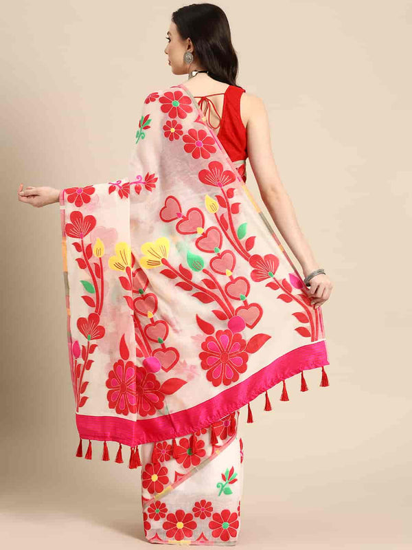 Off White Pure Cotton Woven Zari Design Floral Saree with Unstitched Blouse - Hiral Fashion - Distacart
