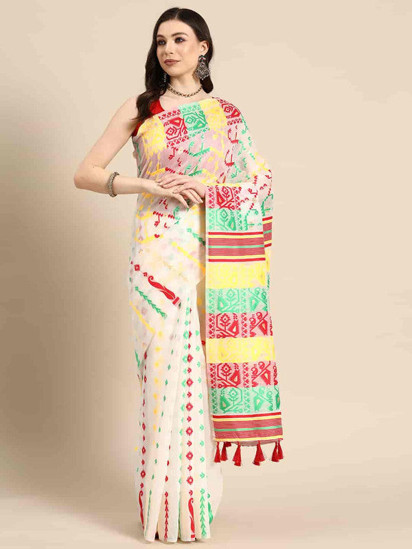 Off White Pure Cotton Woven Zari Design Floral Saree with Unstitched Blouse - Hiral Fashion - Distacart