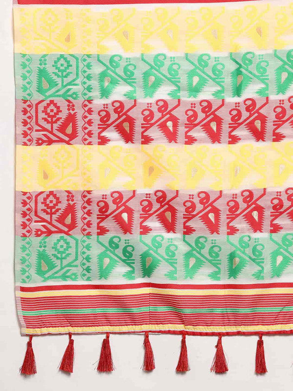 Off White Pure Cotton Woven Zari Design Floral Saree with Unstitched Blouse - Hiral Fashion - Distacart