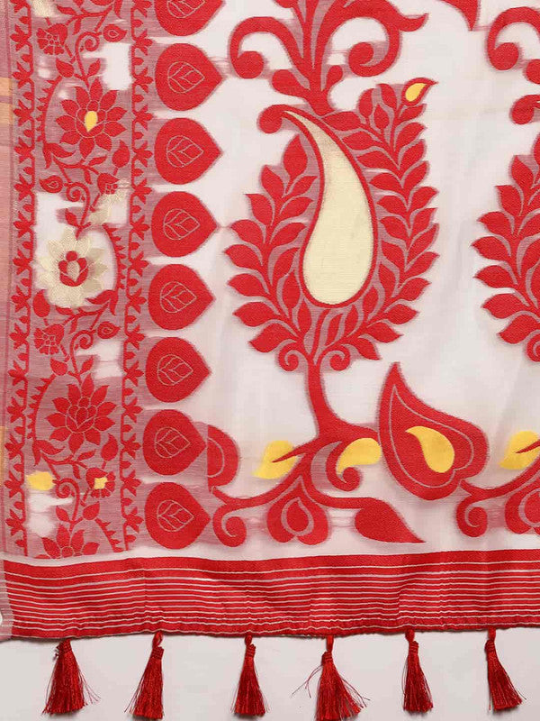 Off White Pure Cotton Woven Zari Design Floral Saree with Unstitched Blouse - Hiral Fashion - Distacart