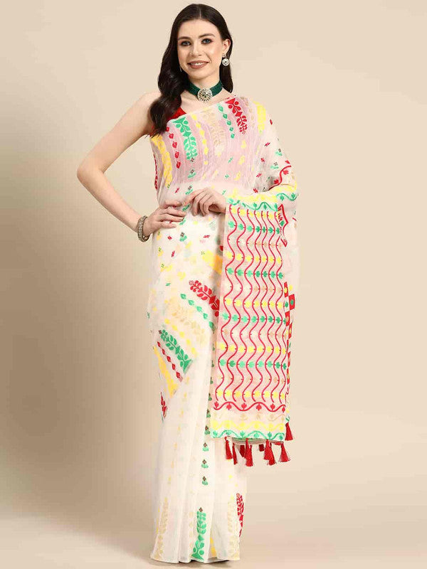 Off White Pure Cotton Woven Zari Design Floral Saree with Unstitched Blouse - Hiral Fashion - Distacart