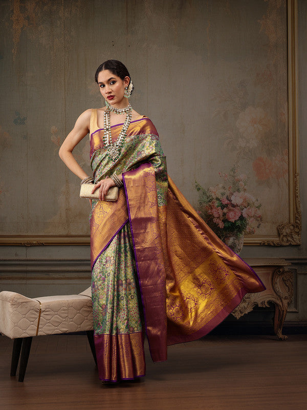 Green Pure Silk Woven Zari Design Floral Saree with Unstitched Blouse - Hiral Fashion - Distacart
