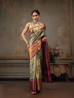 Thumbnail for Green Pure Silk Woven Zari Design Floral Saree with Unstitched Blouse - Hiral Fashion - Distacart