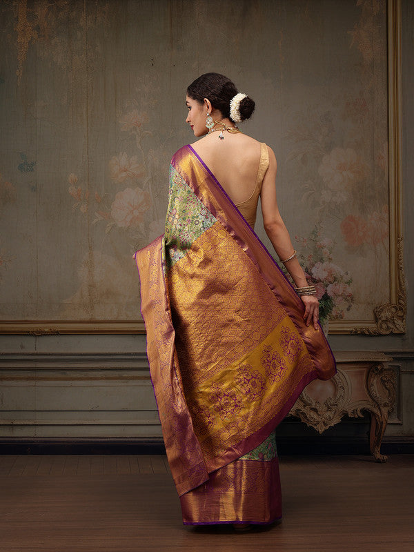 Green Pure Silk Woven Zari Design Floral Saree with Unstitched Blouse - Hiral Fashion - Distacart