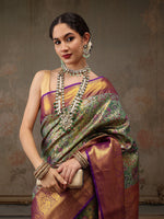 Thumbnail for Green Pure Silk Woven Zari Design Floral Saree with Unstitched Blouse - Hiral Fashion - Distacart