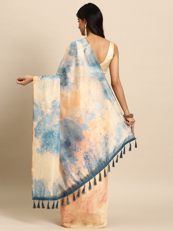 Beige Organza Printed Tie and Dye Saree with Unstitched Blouse - Hiral Fashion - Distacart