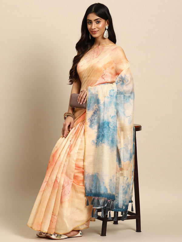 Beige Organza Printed Tie and Dye Saree with Unstitched Blouse - Hiral Fashion - Distacart