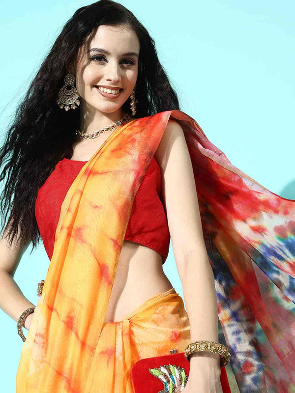 Mustard Organza Printed Tie and Dye Saree with Unstitched Blouse - Hiral Fashion - Distacart