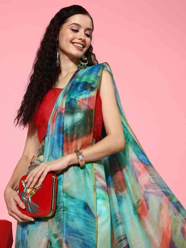 Multicolor Organza Printed Tie and Dye Saree with Unstitched Blouse - Hiral Fashion - Distacart