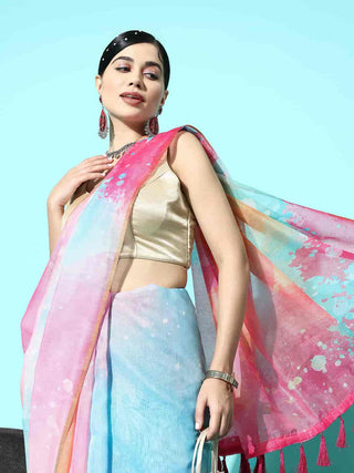 Pink Organza Printed Tie and Dye Saree with Unstitched Blouse - Hiral Fashion - Distacart