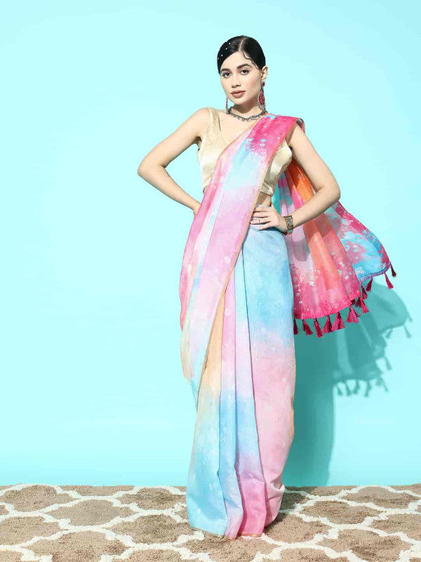 Pink Organza Printed Tie and Dye Saree with Unstitched Blouse - Hiral Fashion - Distacart