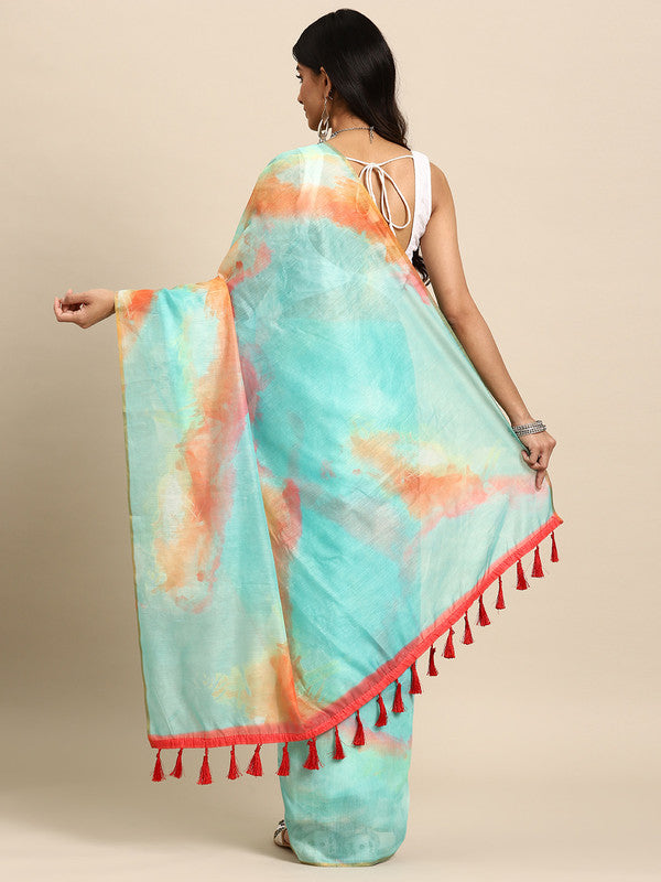 Green Organza Printed Tie and Dye Saree with Unstitched Blouse - Hiral Fashion - Distacart