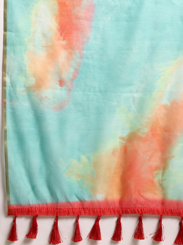 Green Organza Printed Tie and Dye Saree with Unstitched Blouse - Hiral Fashion - Distacart