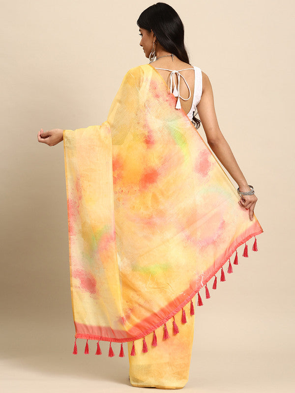 Yellow Organza Printed Tie and Dye Saree with Unstitched Blouse - Hiral Fashion - Distacart